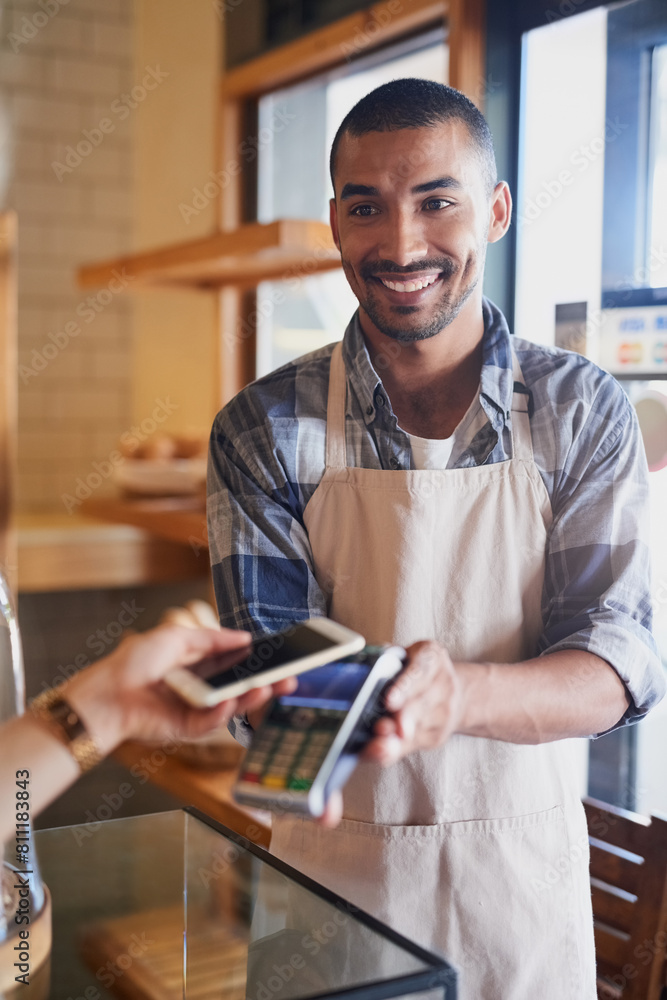 Man, cashier and smartphone for pos in coffee shop, ecommerce and transaction on electronic machine. Person, digital scanner and nfc for tap purchase, internet currency and online service for b2c Man, cashier and smartphone for pos in coffee shop, ecommerce and transaction on electronic machine. Person, digital scanner and nfc for tap purchase, internet currency and online service for b2c