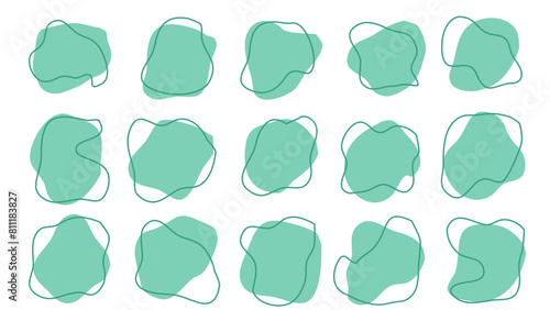 15 Modern Tosca Asymetric Shapes liquid irregular blob with Green line abstract elements graphic flat style design fluid vector illustration set. Nice amoeba blobs, blotches, drops or stains bundle 