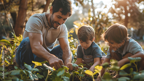 Father and his son are planting seedlings in the garden on a sunny day.