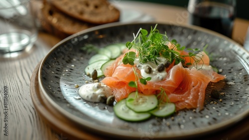 minimalist girl dinner concept with a focus on a plate of smoked salmon, cream cheese, capers,