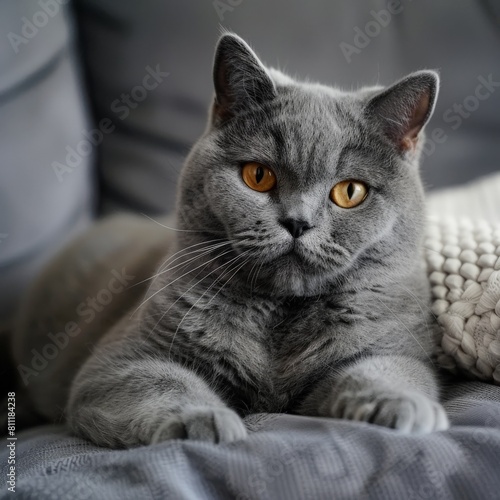 A gray cat is sitting on a gray couch.