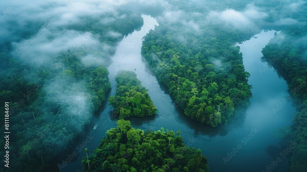 Aerial View of Meandering River Through Dense Jungle Aerial View of Meandering River Through Dense Jungle