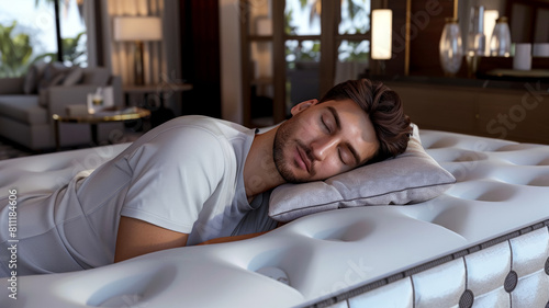 A man lies on a side sleeper pillow, resting on a gel-infused foam mattress. He looks peaceful,