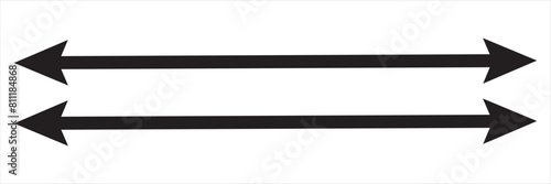 Double arrow sign. Long straight horizontal arrow with two sided pointers. Black width or east and west symbol isolated on white background. Vector illustration. EPS 10/AI