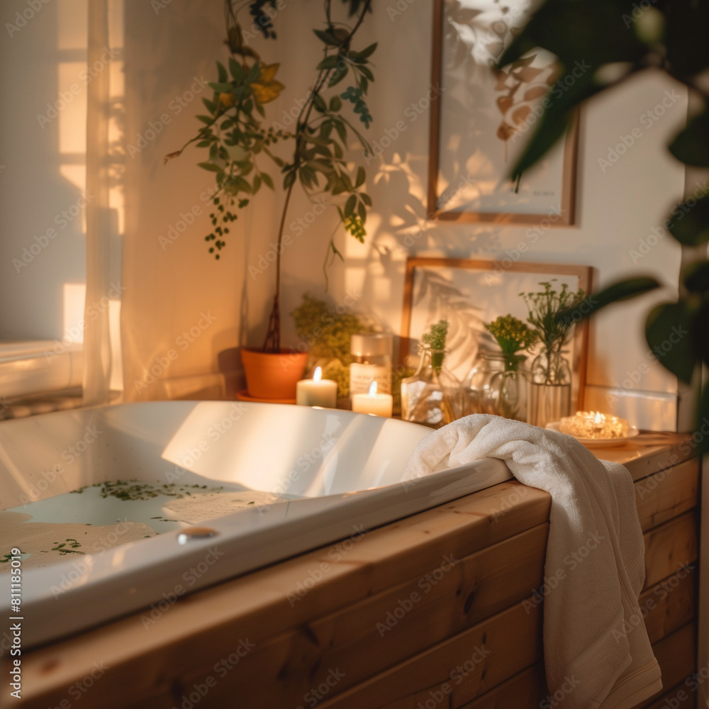 Interior scene of a bathroom with close up to the bathtube.