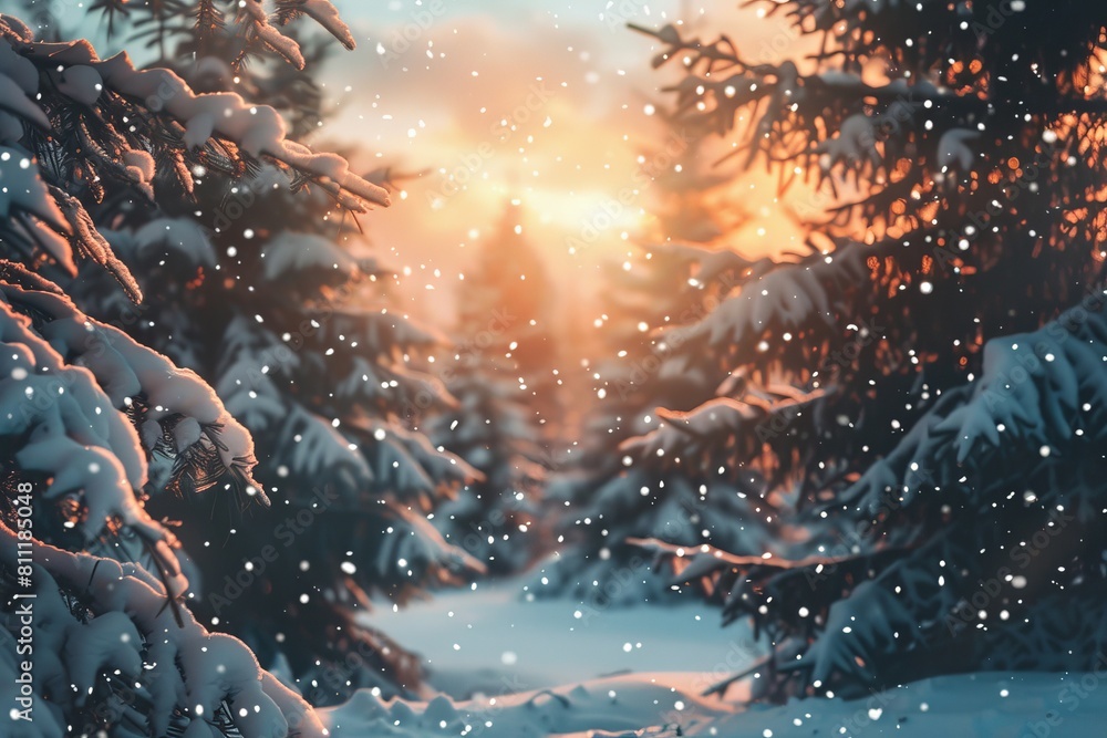 Snow-covered pine forest in winter sunset - scenic snowy fir tree in beautiful natural scene - holiday greeting card with christmas and new year theme Snow-covered pine forest in winter sunset - scenic snowy fir tree in beautiful natural scene - holiday greeting card with christmas and new year theme