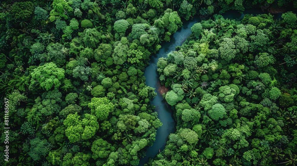 Aerial View of Meandering River Through Dense Jungle