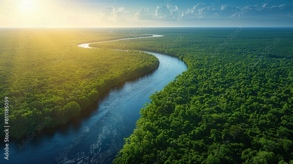 Aerial View of Meandering River Through Dense Jungle Aerial View of Meandering River Through Dense Jungle