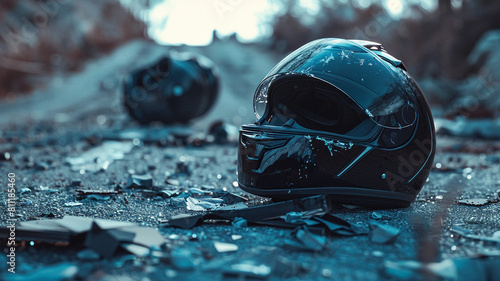 A broken black motorcycle helmet lying on the side of an empty road, suggesting a past accident or potential danger, and emphasizing the importance of safety gear for riders. photo