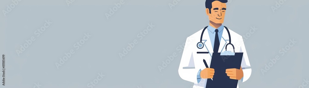 Flat design icon featuring a doctor wearing a business suit, holding a clipboard and a smartphone, ideal for healthcare management themes Flat design icon featuring a doctor wearing a business suit, holding a clipboard and a smartphone, ideal for healthcare management themes