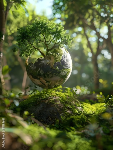 Earths Rebirth A Tree Growing from Inside the Planet in a Lush Green Forest