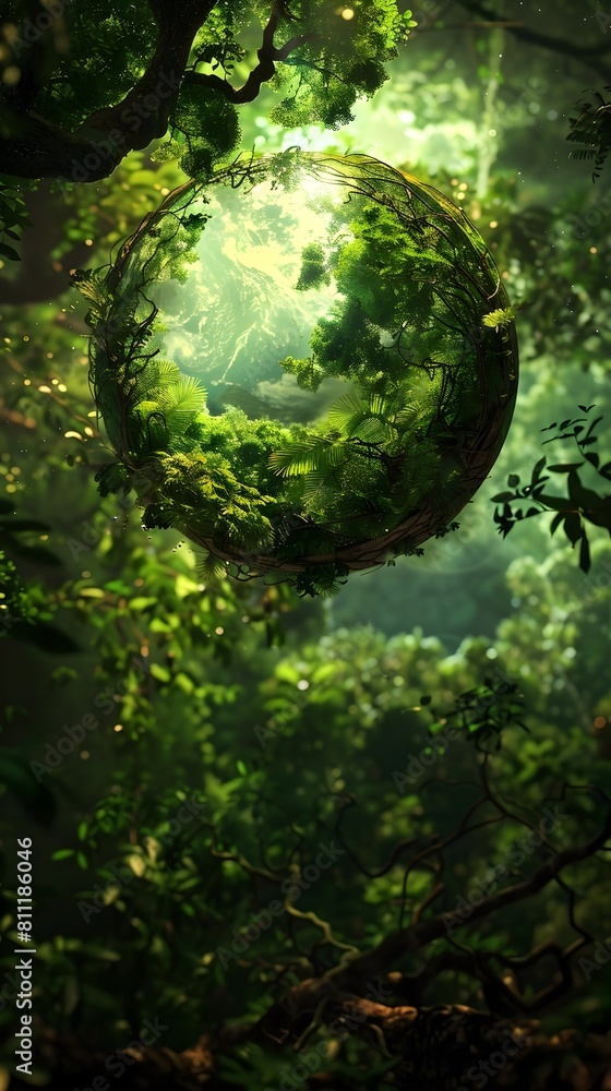Earths Rebirth A Tree Grows from a Globe within a Lush Green Forest Earths Rebirth A Tree Grows from a Globe within a Lush Green Forest