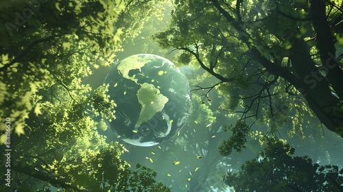 Earth Nestled in Verdant Forest Canopy A Harmonious Union of Nature and World in Environmental