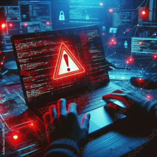 Cybersecurity Threat Concept with Hacker at Computer photo