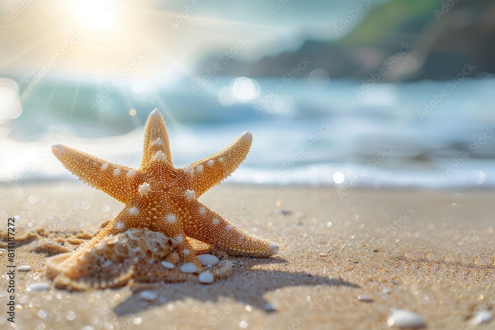 beach background with sand and sea, featuring a single starfish on the shore, creating an atmosphere of summer vacation and relaxation. Travel designs, social media posts, advertising images. beach background with sand and sea, featuring a single starfish on the shore, creating an atmosphere of summer vacation and relaxation. Travel designs, social media posts, advertising images.