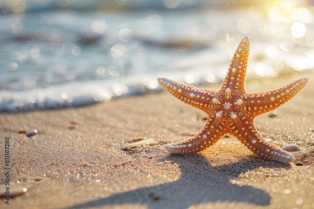 beach background with sand and sea, featuring a single starfish on the shore, creating an atmosphere of summer vacation and relaxation. Travel designs, social media posts, advertising images. beach background with sand and sea, featuring a single starfish on the shore, creating an atmosphere of summer vacation and relaxation. Travel designs, social media posts, advertising images.