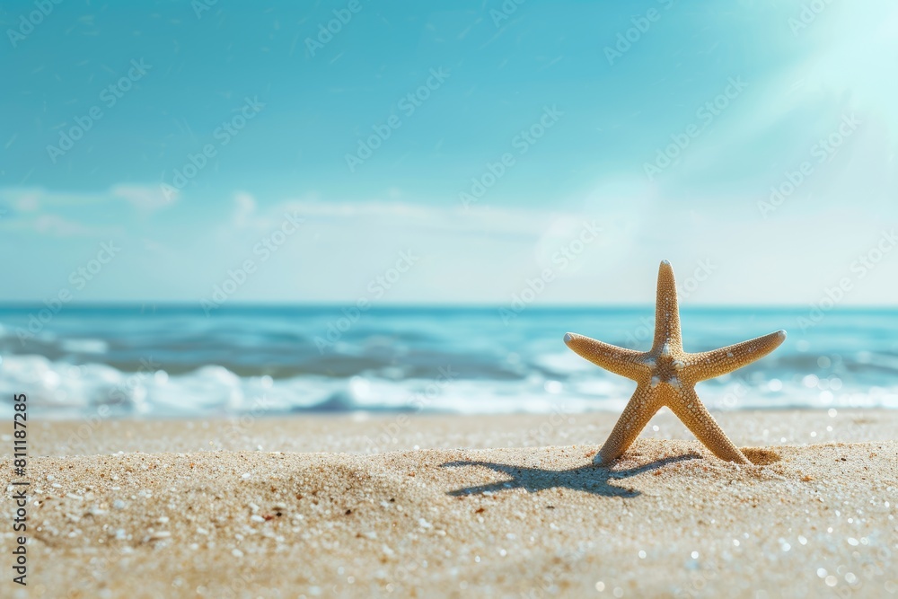 beach background with sand and sea, featuring a single starfish on the shore, creating an atmosphere of summer vacation and relaxation. Travel designs, social media posts, advertising images. beach background with sand and sea, featuring a single starfish on the shore, creating an atmosphere of summer vacation and relaxation. Travel designs, social media posts, advertising images.