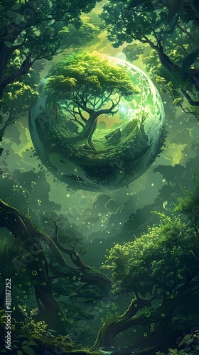 Interconnectedness of Nature and Humanity A D of a Lush Green Forest with the Earths Globe Emerging