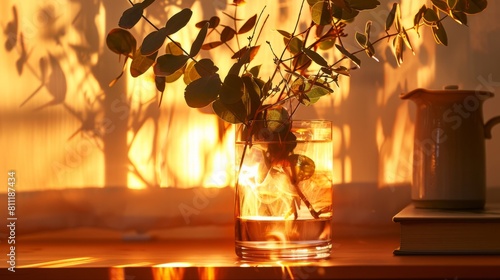 Projecting sunset lamp illuminates a glass vase with a branch of Eucalyptus cinerea photo