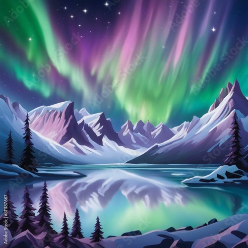 Create an Arctic landscape where the Northern Lights dance in ribbons of green, purple, and pink across the starry sky, reflecting off icy glaciers and snowy mountains, in a breathtaking display of na