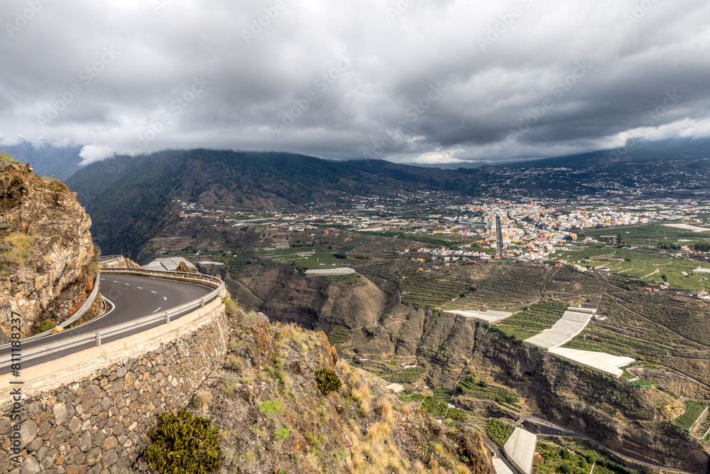 Panoramic view of the Llanos from the Time viewpoint with the magma tongue behind on the island of La Palma