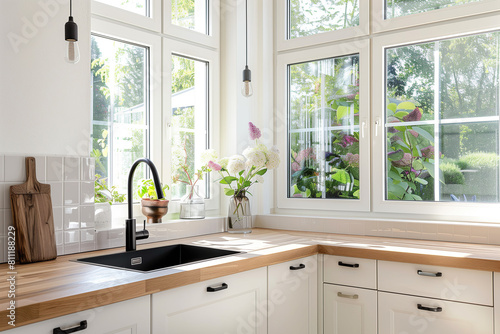 A bright kitchen with white cabinets, wooden countertop and a black sink in front of the window. There is an empty space on one side for writing or displaying flowers. The windows have clear glass.