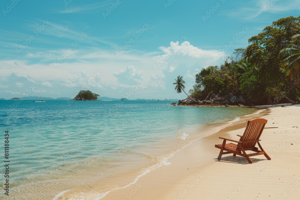 A beach chair sits on the sand of an exotic island with clear blue water and palm trees, surrounded by a jungle landscape. A wooden pier leading to distant boats. The sky above glows in bright sunligh
