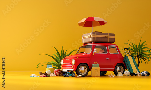 Retro car with surfboard, suitcases and palms, Summer vacation concept, photo