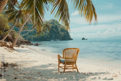 A beach chair sits on the sand of an exotic island with clear blue water and palm trees  surrounded by a jungle landscape. A wooden pier leading to distant boats. The sky above glows in bright sunligh