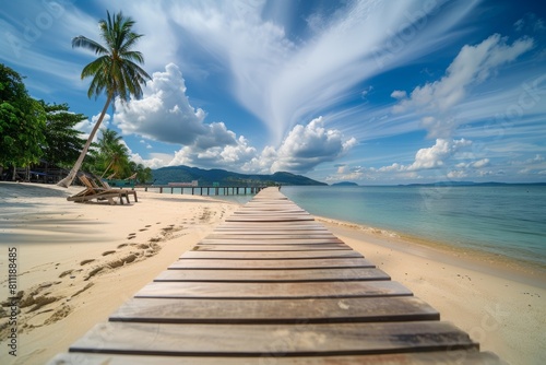 A beach chair sits on the sand of an exotic island with clear blue water and palm trees, surrounded by a jungle landscape. A wooden pier leading to distant boats. The sky above glows in bright sunligh photo