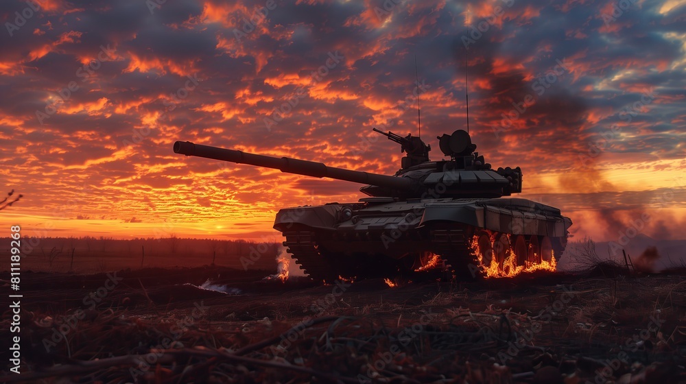 military tank in sunset
