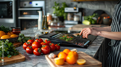 Fototapeta Naklejka Na Ścianę i Meble -  Woman using a tablet to learning how to cook.