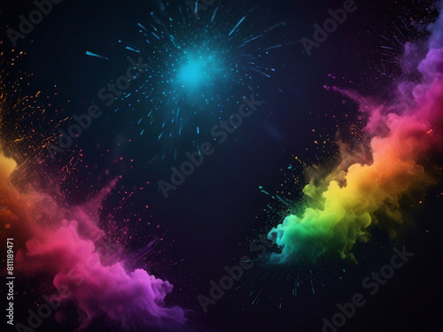 Colorful vibrant glittering fireworks Background with glow smoke and confetti banner ai generative