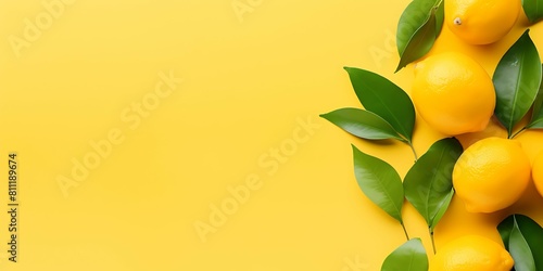 Ripe juicy lemons, orange and green leaves on bright yellow background photo