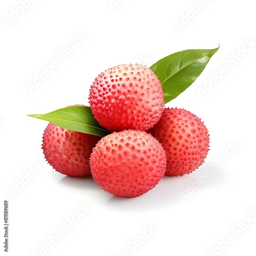 Fresh lychee fruit with leaves isolated on white background cutout