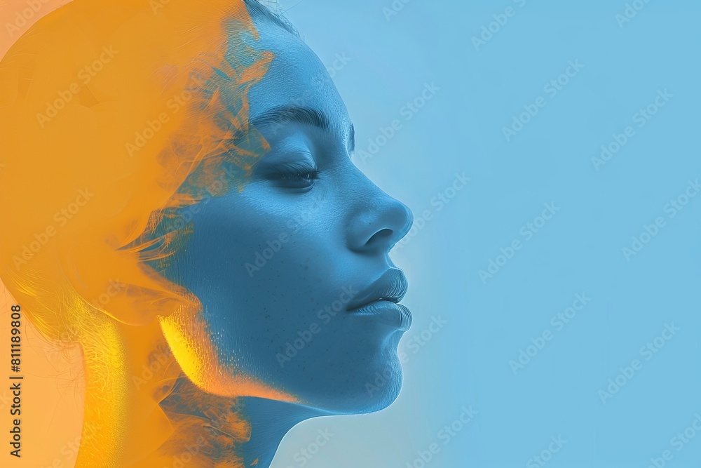A woman's face with blue and orange colors. A woman's face with blue and orange colors.