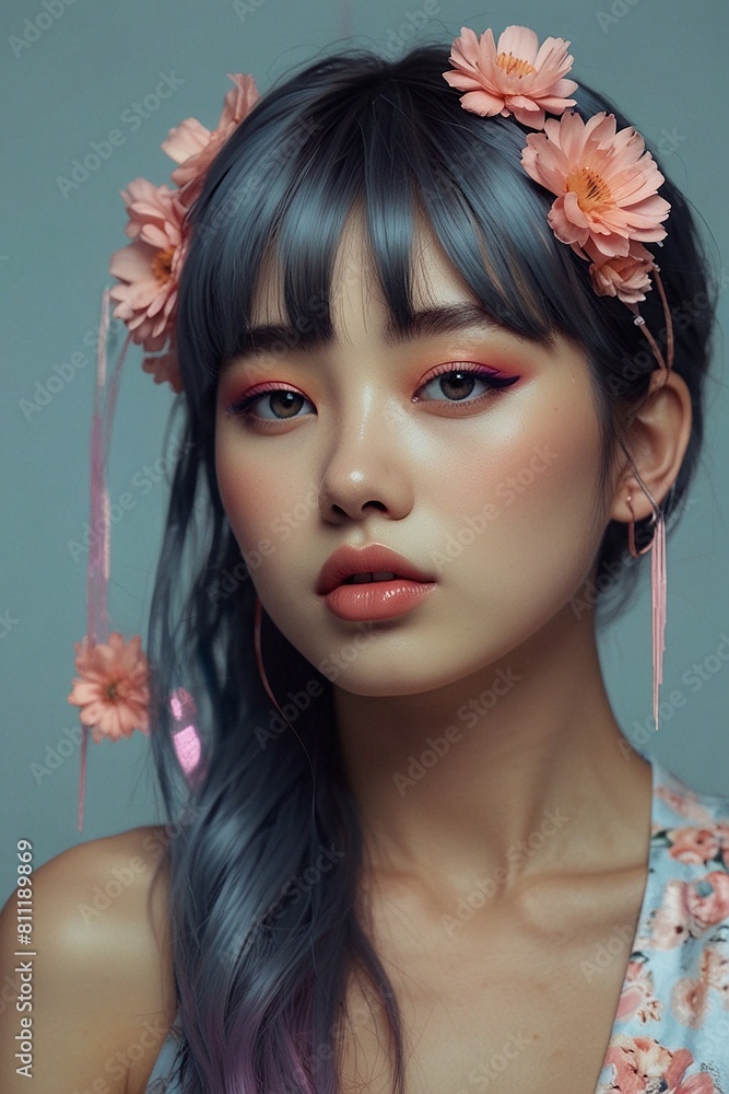 Fototapeta premium Neon Elegance A Blue Dream Portrait of a Japanese Pop Visionary
