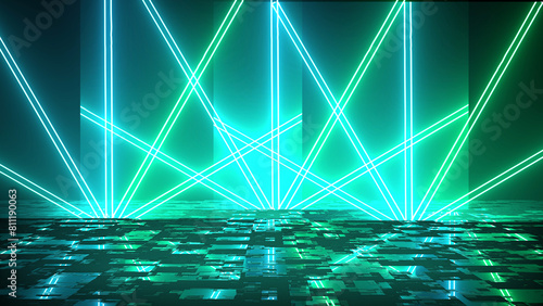 Colorful abstract neon lights moving stage show award show overlay bg with reflection. Trendy neon lines 3d bg ultraviolet futuristic studio fx streaming corporate backdrop 3d crypto currency bg.