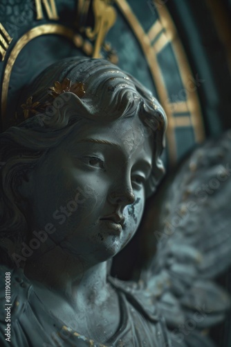 A close up of a statue with a clock in the background. Suitable for time management concepts