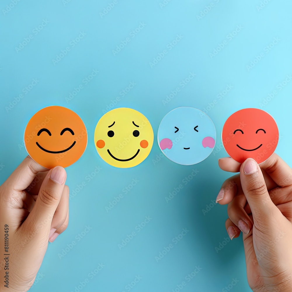 Choosing Positivity with Emoji Faces on Blue Background. Choosing Positivity with Emoji Faces on Blue Background.