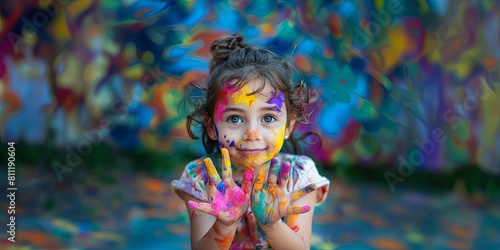 Toddler Girl with Painted Hands.