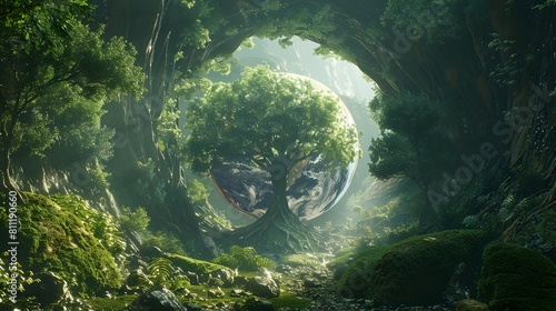 Interconnectedness of Nature and Humanity A D Rendered Earth Globe Emerging from a Lush Green Forest