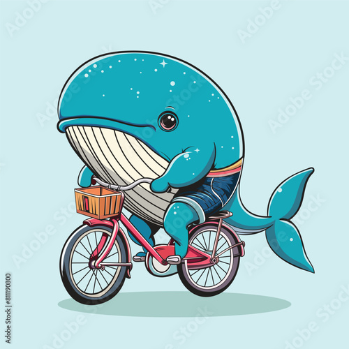 Illustration Vector Graphic of Cute Whale Cartoon Riding Bicycle With Separated Layer. Suitable for Manufacturing T-Shirt, Sticker, Coloring Book, etc. 