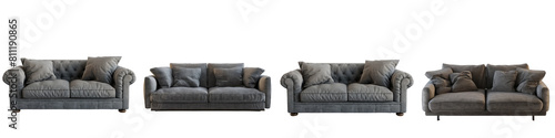 Modern scandinavian classic gray sofa with legs and pillows on isolated on transparent background PNG file cut stylish sofa. Gray monochrome interior, showroom. Fabric sofa front view. Single piece photo