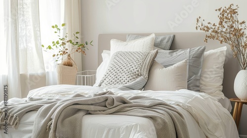 contemporary bedroom interior with Modern Upholstered Headboard, white bed featuring a cozy blanket