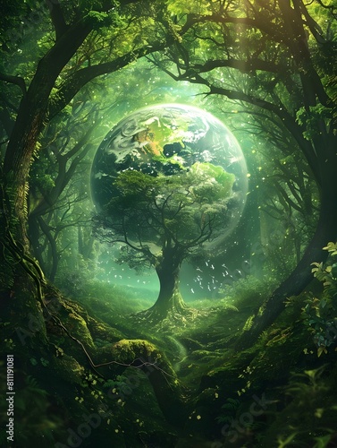 Interconnectedness of Nature and Humanity A Lush Green Forest Emerging from the Earths Globe