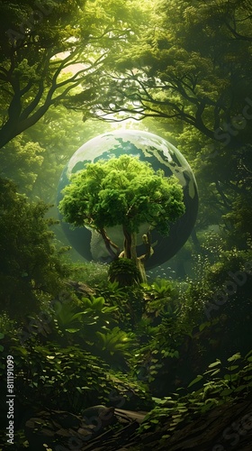 Interconnectedness of Nature and Humanity A D Rendered Lush Green Forest with the Earths Globe