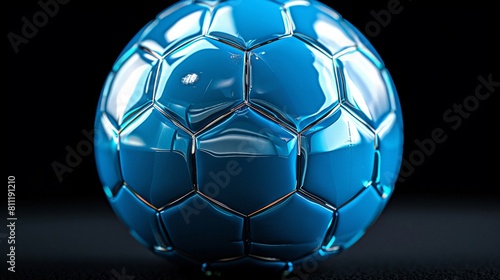 Bright blue soccer ball on a stark black backdrop ideal for sports equipment marketing with dynamic contrast