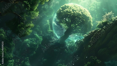 Lush Green Forest A Thriving Tree Emerges from the Earths Globe Symbolizing Interconnectedness of