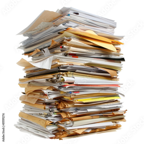 Files stacking up in a messy order isolated on transparent background